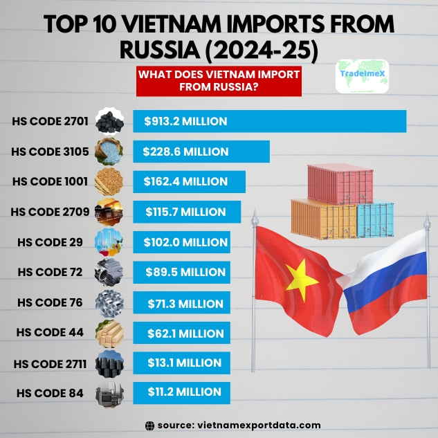 Top 10 Vietnam Imports from Russia in 2024-25